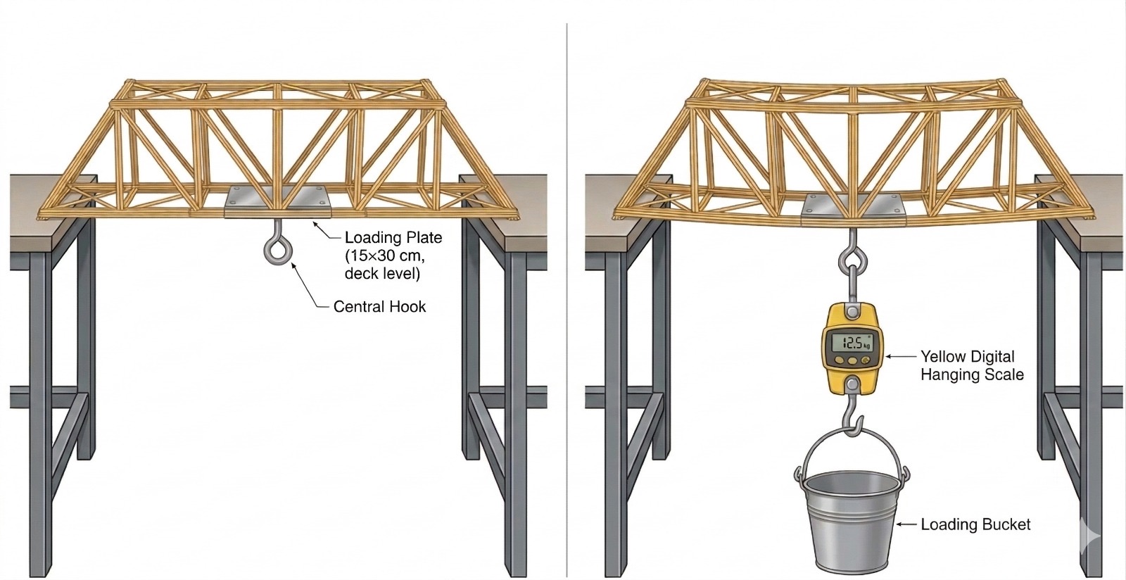 Hocam köprü yarışması yükleme düzeneği görselde belirtilmiştir.